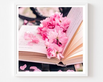 London Photography 5x5 print, Greenwich Park, book with cherry blossom on a bench, Fine Art Photography, Wall Art