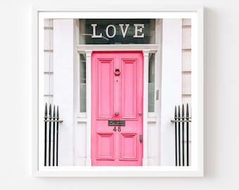 London Flower Photography 5x5 print, Love Pink Door in Chelsea, Fine Art Photography, Wall Art