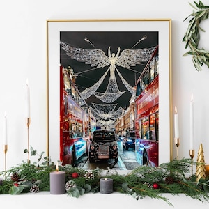 London Regent St angel Christmas lights print, London Paint Noël Photography, London Taxi