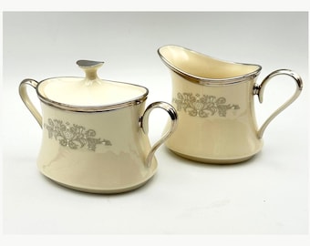 Vintage Lenox Snow Lily Creamer and Sugar Bowl Set Ivory Platinum Trim Made in USA Mid Century Serveware