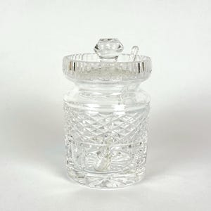May include: A clear, cut-glass sugar bowl with a lid and a small spoon. The bowl has a diamond pattern on the sides and a faceted knob on the lid. The spoon is resting inside the bowl.