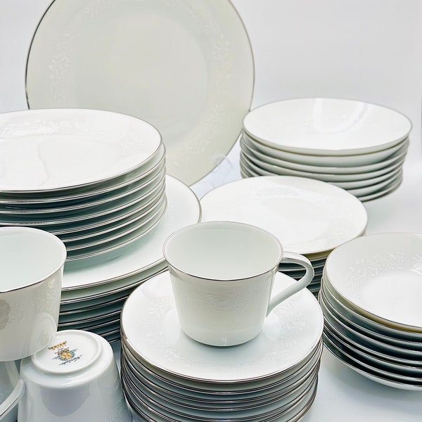 Vintage Noritake Reina China Set - 56 Piece Elegant White Floral Dinnerware with Platinum Rims - 7 pc Place Settings, Complete Service for 8