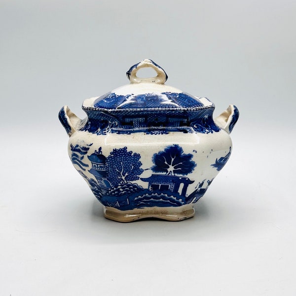 Antique Buffalo Pottery Blue Willow Sugar Bowl with Lid - 1911 Semi Vitreous Collectible Pottery USA