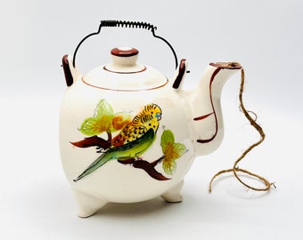 Vintage Fred Roberts / Kitchen Twine Holder / Ceramic Teapot /  Parakeet Art / Budgies / Birds / Hand painted / Japan