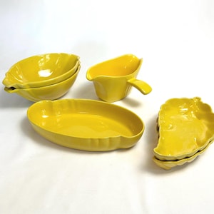Vintage MCM Frankoma Pottery Plainsman Autumn Yellow Serveware:  Oval Bowl 205, 2 Leaf Dishes 225, 2 Serving Bowls 201, Gravy Boat 6S
