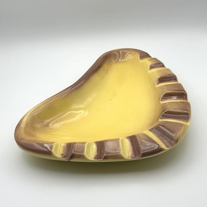 Large MCM Boomerang Ashtray / Carch All - Yellow Brown Drip Glaze Atomic USA Pottery 12”