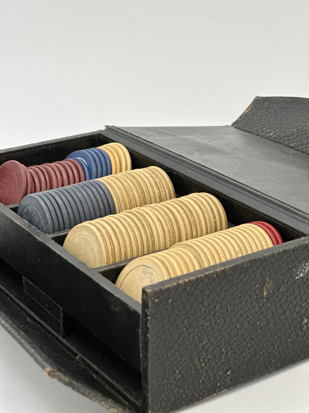 Antique Clay Poker Chips With Leather Case Etsy