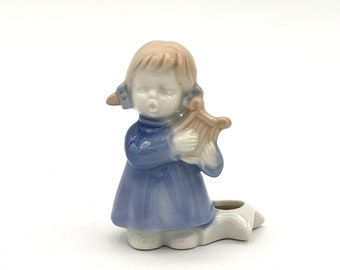 Vintage Blue Angel Harpist Figurine Candle Holder, Glazed Porcelain, Collectible Japan Mid-Century Decor