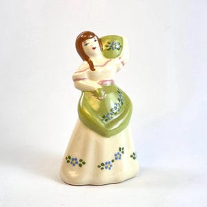 Vintage Lady Figurine Vase, Cream Dress, Green Apron, Cottagecore Decor, Mid Century Ceramic Planter