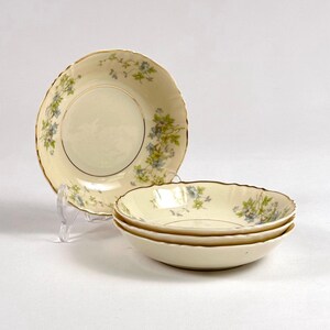 Vintage Syracuse China Dessert Bowls - Set of 4, Green & Blue Floral, Gold Trim