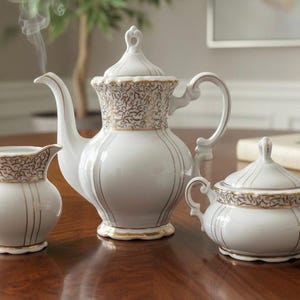 Vintage Seyei Fine China Tea Set: White Porcelain, Gold Baroque Scroll, Teapot, Sugar, Creamer