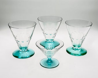 Art Deco Style Vintage Glassware Set - 3 Footed Tumblers & 1 Martini Glass with Aquamarine Stems, Set of 4