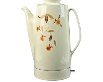 Vintage Hall China Autumn Leaf Electric Percolator, Jewel Tea Coffee Pot, Mid Century Modern Floral Coffee Maker