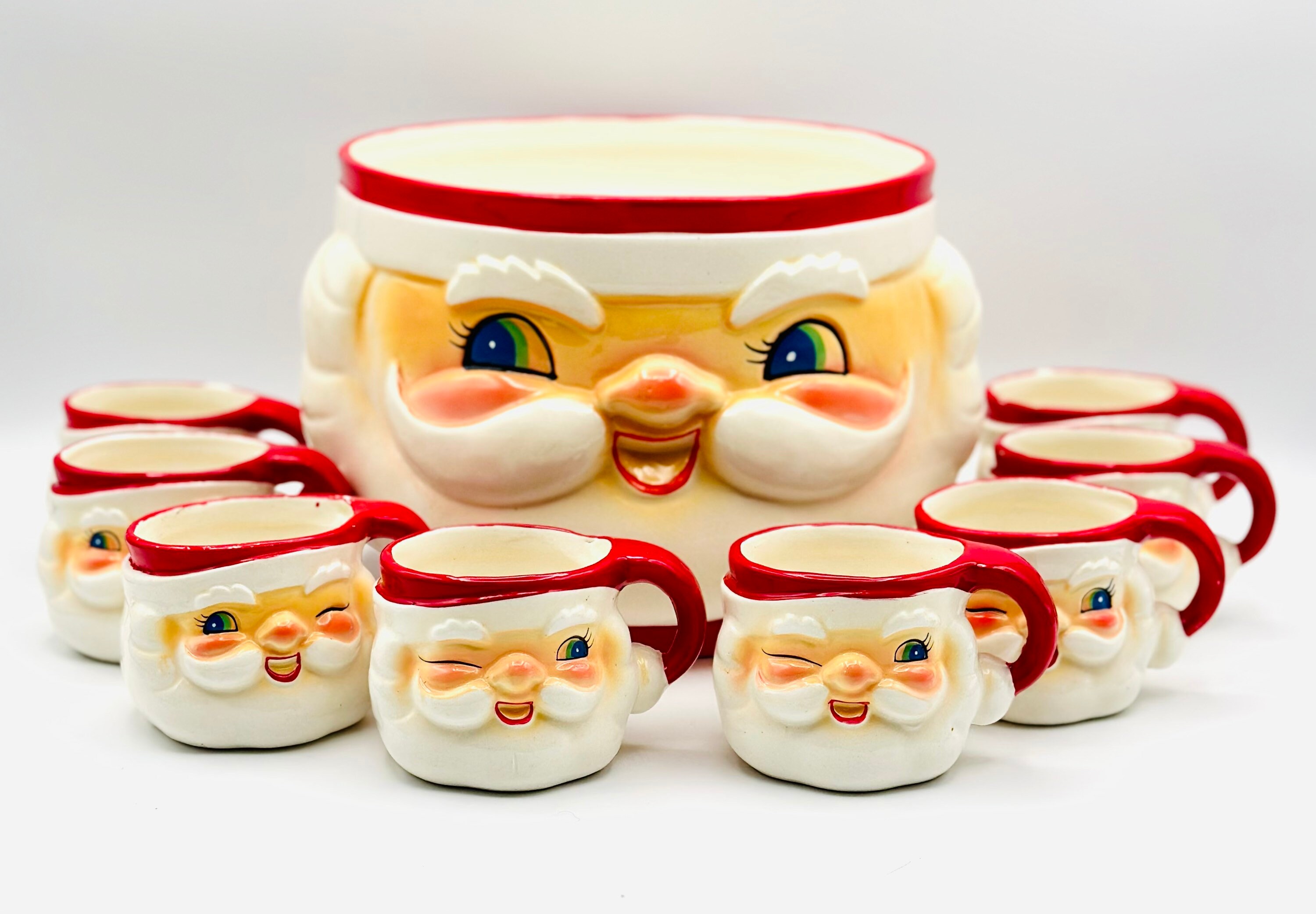 Vintage 1962 Holt Howard Santa Punch Bowl With 8 Winking Santa