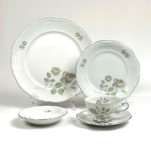 Mitterteich Mystic Rose White Dinnerware with Platinum Trim - 5 pc set - Gray Roses, Green Leaves - 1950s German Porcelain - 35 pc available