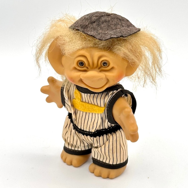 Vintage 1960s Uneeda Wishnik Troll Doll - Collector's Baseball Player with Pinstripe Uniform and Cap - Classic Glass-Eyed Figure