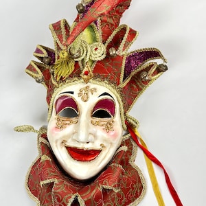 Vintage Venetian Jester Mask - Hand-Painted Ceramic Face with Bells, Jewels & Brocade Fabric - Carnival Wall Decor