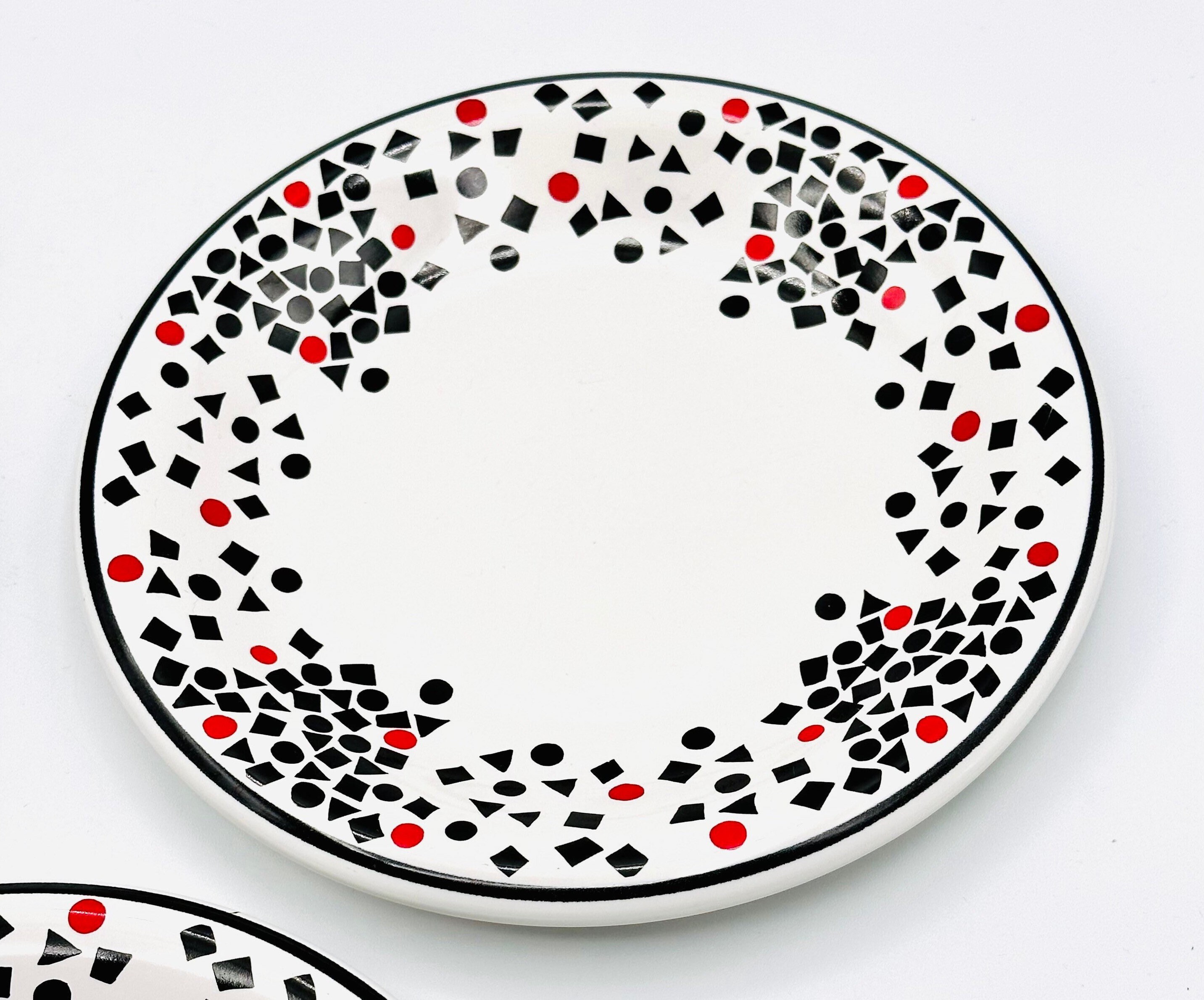 Vintage Dessert Salad Side Plates Set of 3 Mervyns Black and Red Confetti Pattern 1980s Made in Japan Geometric Happy NewYear