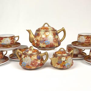 Mid Century Japanese Kutani Tea Set -Millefiori Thousand Flowers 15 Piece Set - Handpainted Eggshell Porcelain