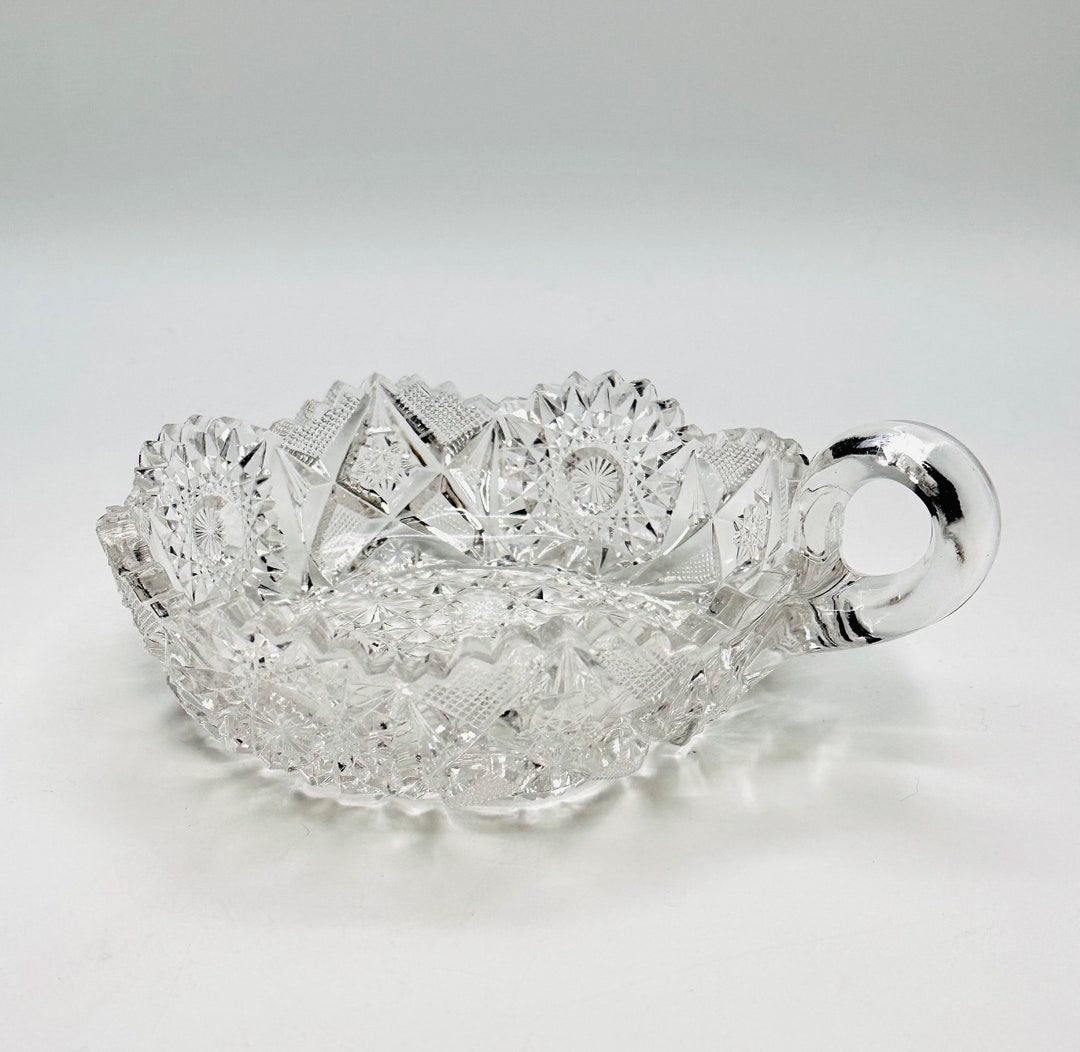 Vintage Cut Crystal Candle Holder With Loop Handle / Scalloped Sawtooth
