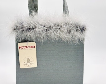 Vintage Designer Handbag by Pourchet Paris France / Gray Fabric with Faux Feathers / RARE 1990s