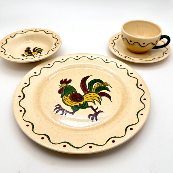 Metlox Poppytrail California Provincial Rooster 4pc Dinnerware  - 4 Set Avail  - Farmhouse Tableware - Vintage California Pottery