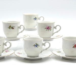 Vintage Floral Porcelain Demitasse Cups & Saucers - Set of 6 -  MZ Czech Republic Espresso Coffee Tea Set - White with Gold Trim