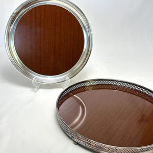 Vintage Formica & Silver Plate Cocktail Tray – 12” or 14” Round Serving Tray with Wood Grain Laminate, MCM Barware, Sold Individually