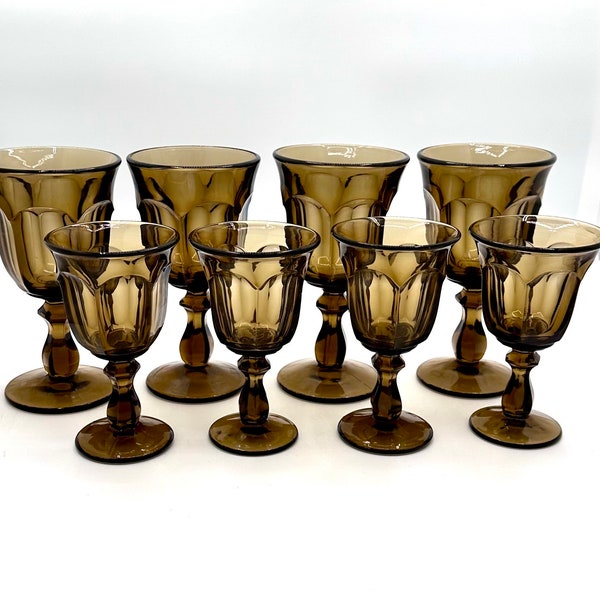 Vintage Imperial Glass Old Williamsburg Brown 8 pc Glass Set - 6.5" Water Goblets & 5.25" Wine Glasses - Mid Century Retro Barware