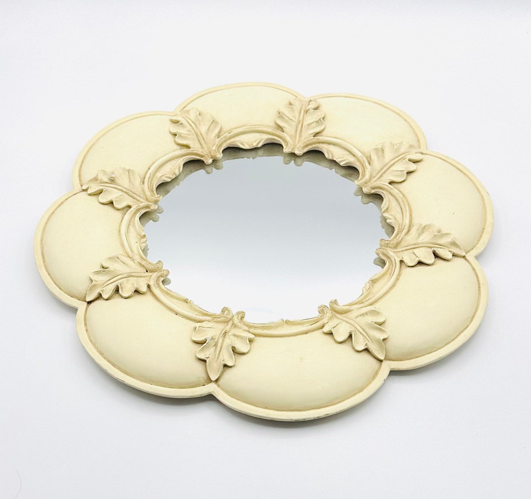 Vintage Round Wall Mirror 14 / Scalloped White Plaster Resin With