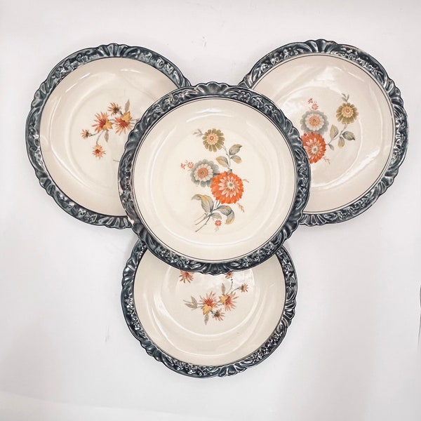 1920s Winterling Bavaria Salad Plates - Set of 4 - Floral Botanical Pattern, Scalloped Edge, Black Relief Border - Antique German Porcelain