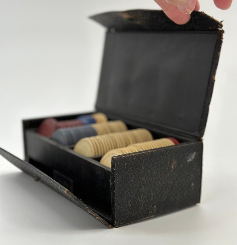 Antique Clay Poker Chips With Leather Case Etsy