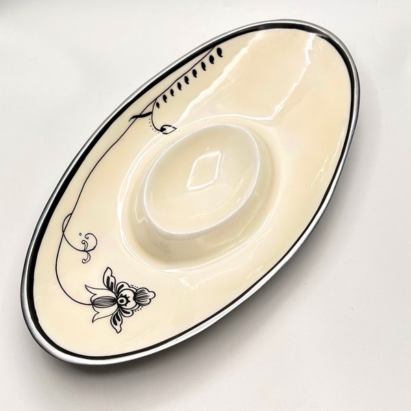Lenox Gorham Metal & Porcelain Serving Platter - "Evening Bloom" Floral Design - Vintage Appetizer and Dip Tray