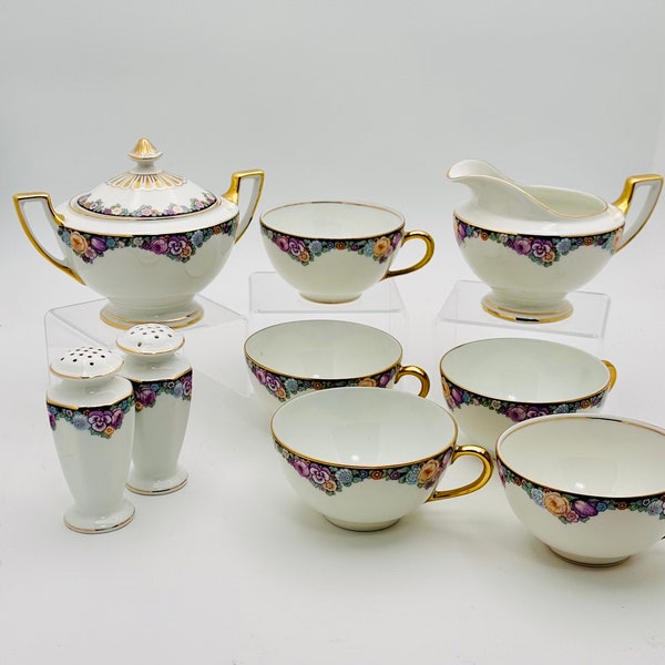 Vintage Rosenthal-Thomas Bavaria Floral Porcelain Assortment -  5 Tea Cups, Cream and Sugar, Salt & Pepper - Collectible China Gold Accents