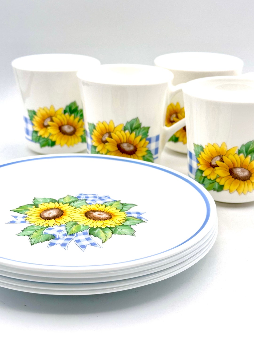 Vintage Corelle Sunsations Dinnerware Sunflower Blue Gingham Pattern 7.