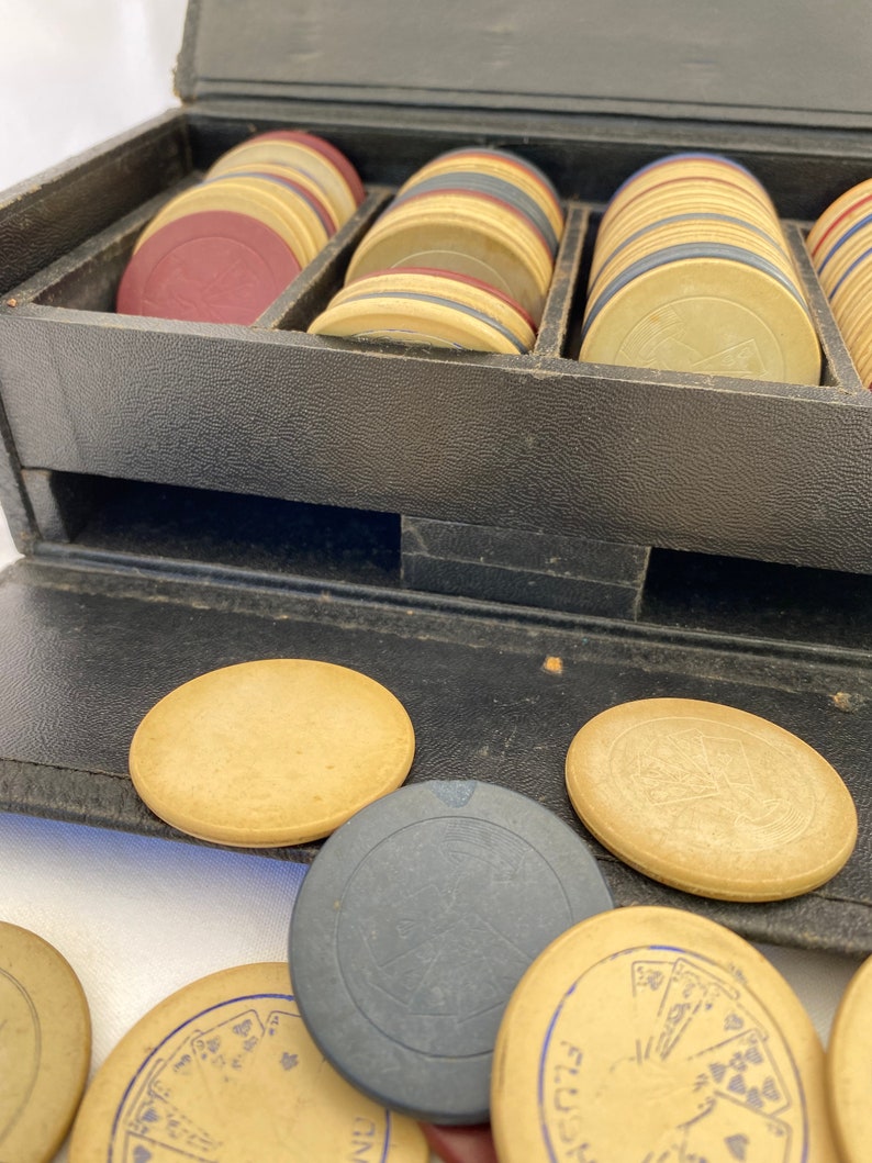 Antique Clay Poker Chips With Leather Case Etsy