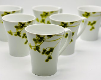 Crate and Barrel Verena Mugs / Set of 6 / White Porcelain Green Floral Leaves / Coffee, Tea, Cocao / SPAL Porcelain Made in Portugal