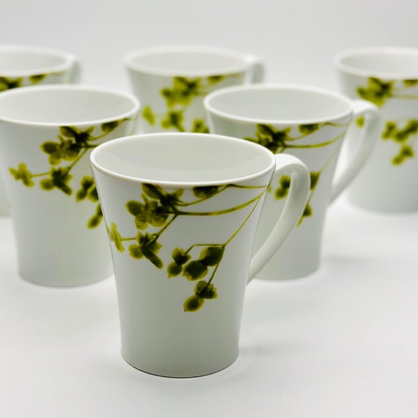 Crate and Barrel Verena Mugs / Set of 6 / White Porcelain Green Floral Leaves / Coffee, Tea, Cocao / SPAL Porcelain Made in Portugal