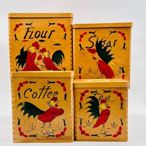 Vintage Fred Roberts Rooster Wood Canister Set Farmhouse Kitchen ...