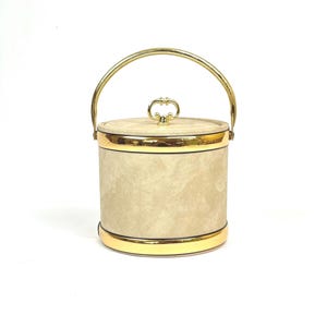 Mid Century Modern Kraftware Insulated Ice Bucket - Tan Ultrasuede with Brass Colored Handle and Trim - Vintage Barware