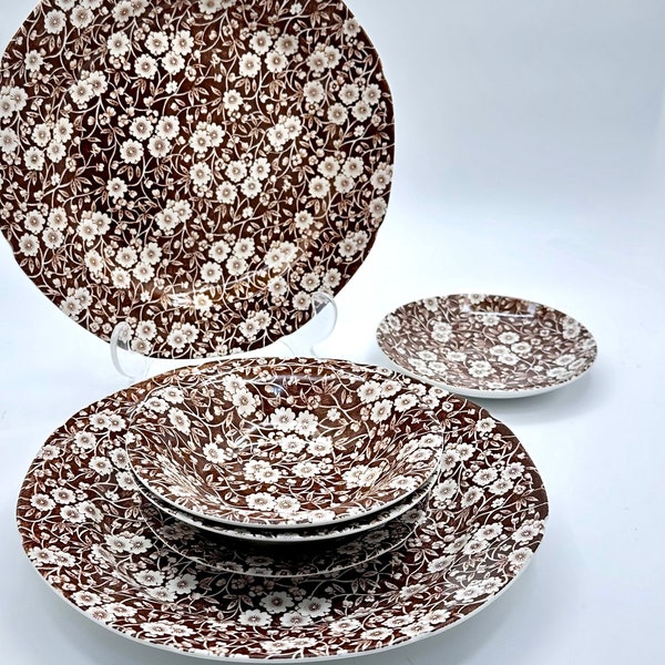 Vintage Royal Crownford Calico Brown Replacement Plates - Staffordshire Floral Transferware - English Ironstone Dinnerware Set