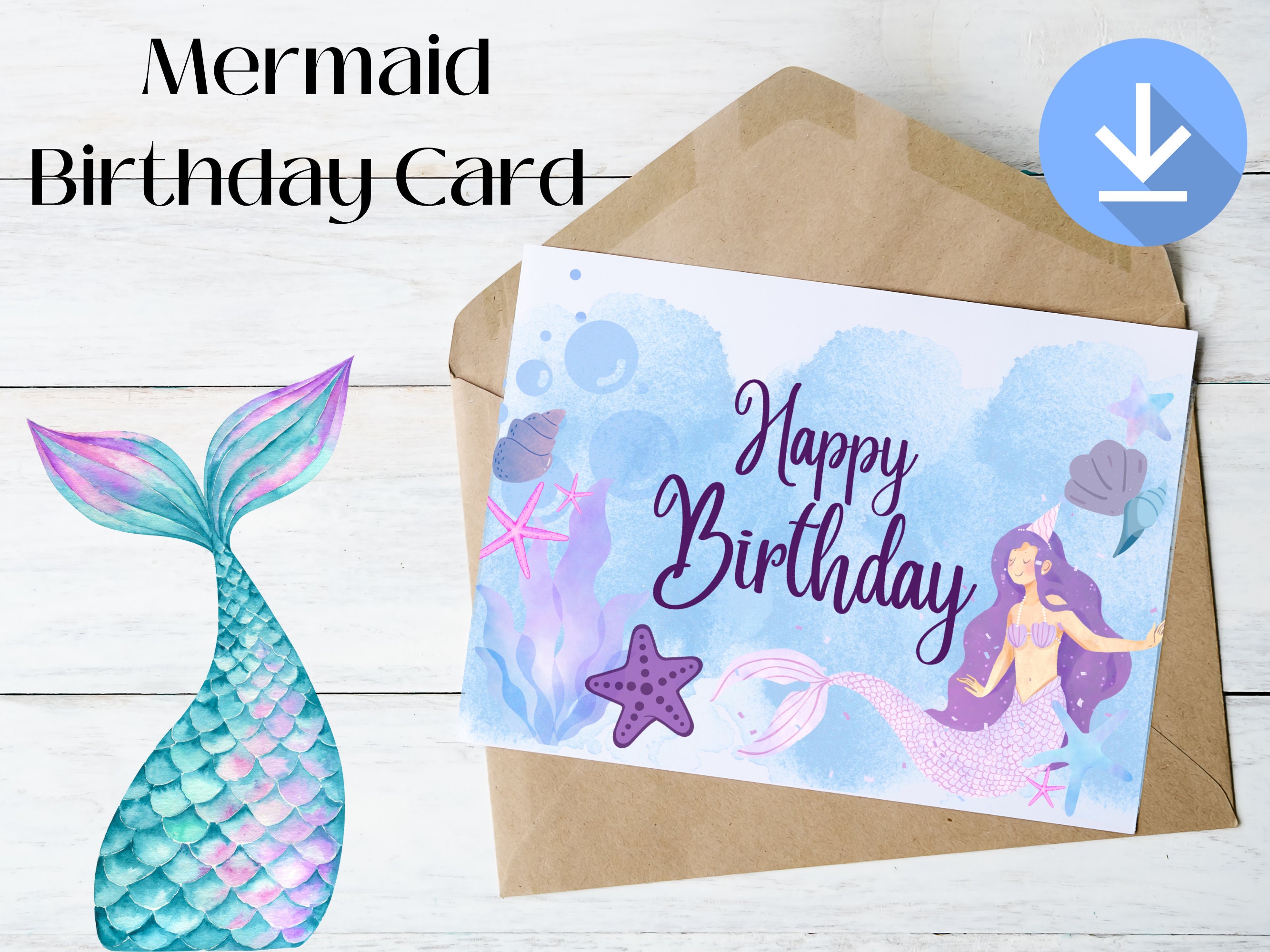 Mermaid Happy Birthday Card Mermaid Birthday Card Printable - Etsy