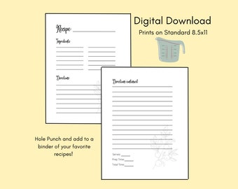 Recipe Page, Printable recipe page, Recipe pages for DIY recipe book,