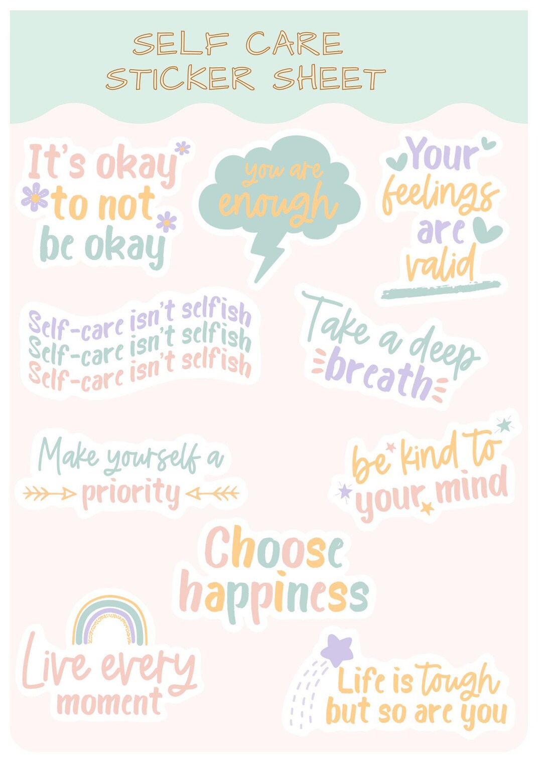 Self Care Positivity Stickers, Sticker Sheet, Self Care Isnt Selfish ...