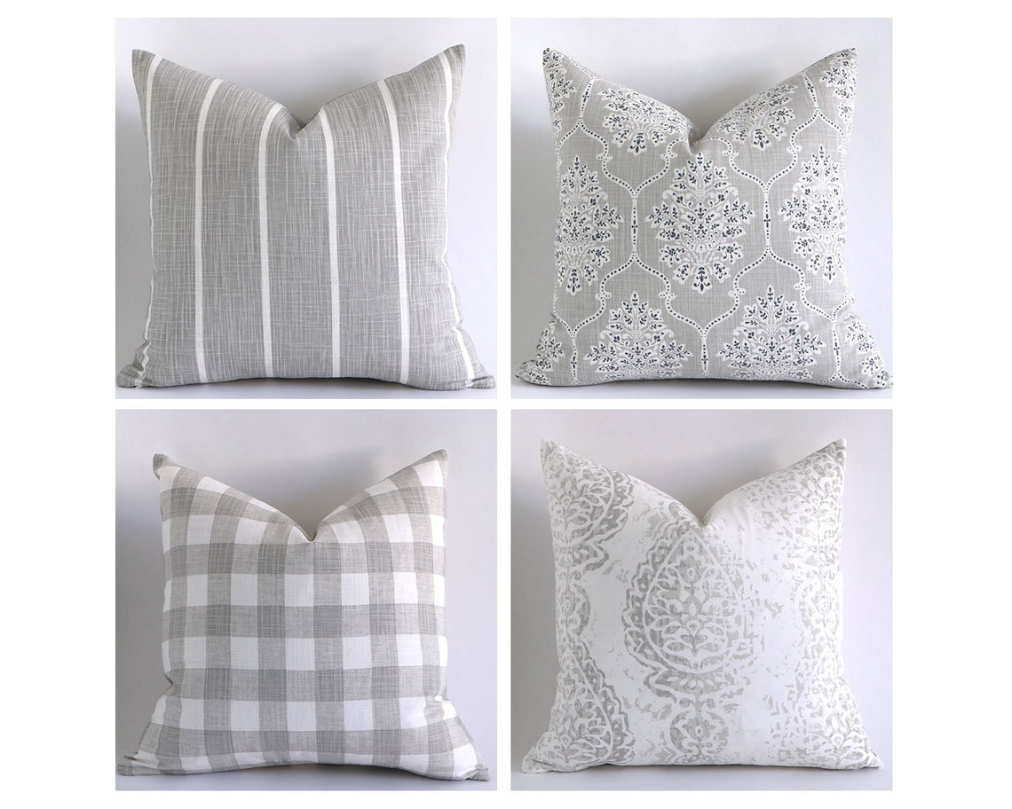 Gray and White Farmhouse Throw Pillow Covers Stripes Solids Etsy