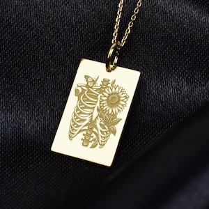 14K Gold Skeleton Necklace, Still Life Charm, Custom Gothic Amulet, Ribcage Pendant, Anatomy Jewelry, Floral Talisman, Gift for Girlfriend
