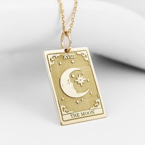 14K Real Solid Gold Die Mond Tarot Karte Halskette, Gold Die Mond Tarot Karte Disc Anhänger, Tarot Karte Deck Schmuck, Benutzerdefinierte Tarot Lesung Charme