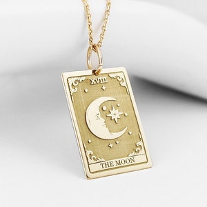 14K Real Solid Gold The Moon Tarot Card Necklace, Gold The Moon Tarot Card Disc Pendant, Tarot Card Deck Jewelry, Custom Tarot Reading Charm