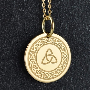 14k Solid Gold Triquetra Necklace, Trinity Knot Pendant, Celtic Knot Medallion, Custom Trinity Charm, Trinity Symbol Coin, Celtic Jewelry