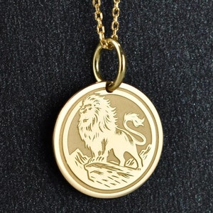 14k Solid Gold Lion Necklace, Leo Zodiac Sign Pendant, Personalized Leo Charm, King of The Jungle Disc, Lion Jewelry, Astrology Zodiac Coin